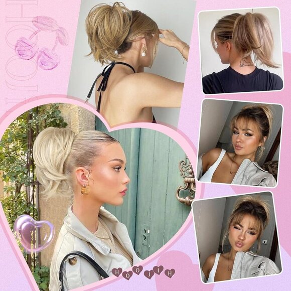 Ponytail Extension, Claw Clip in Straight Messy Hair Bun - 9 Inch Short Ponytail - Picture 4 of 7